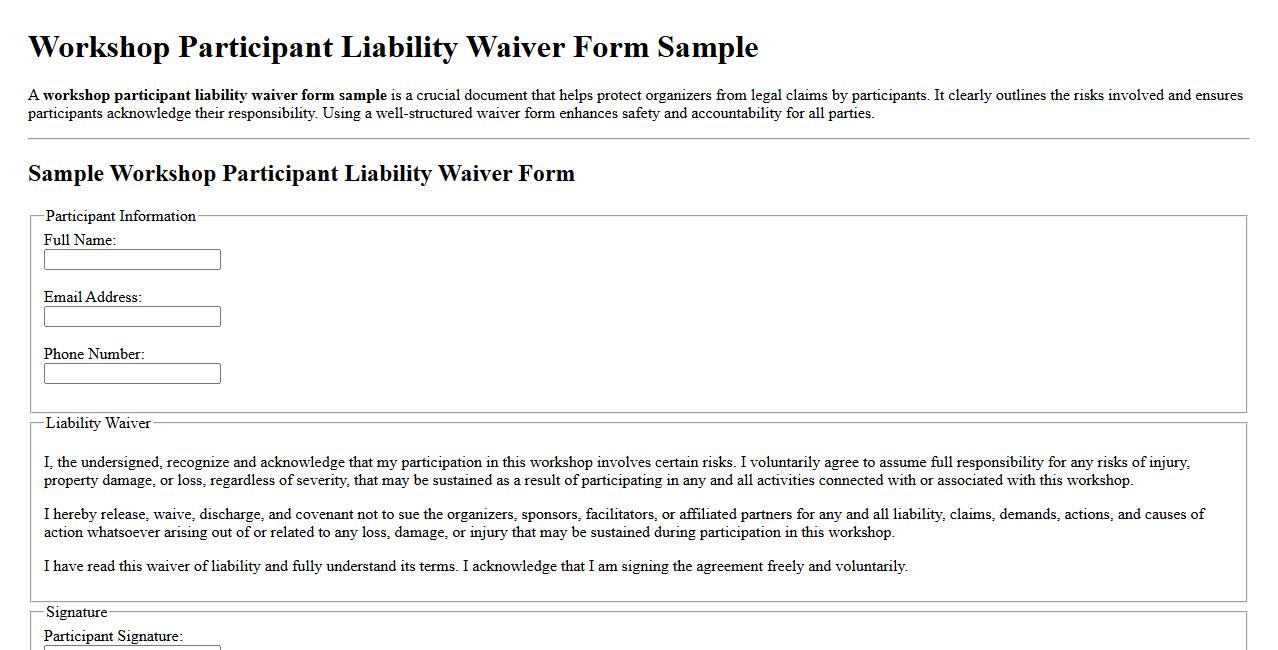 workshop participant liability waiver form sample image preview