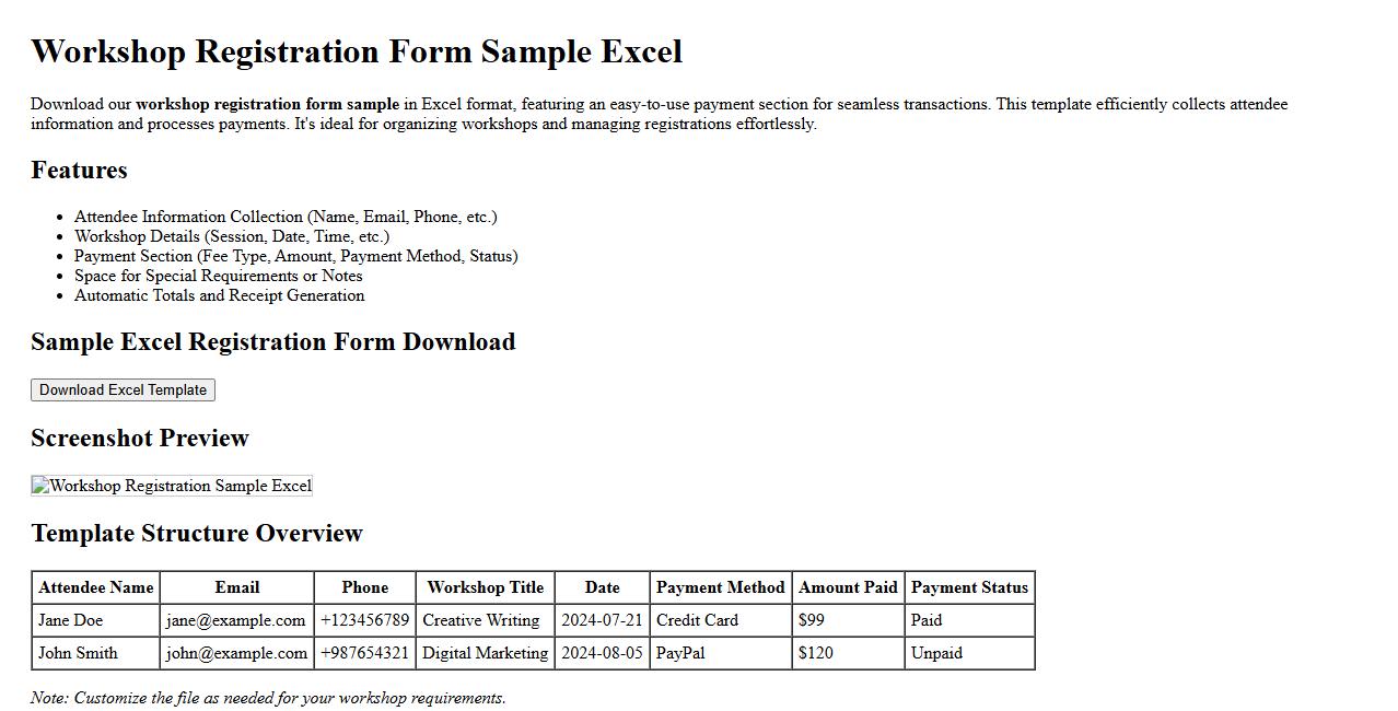 Workshop registration form sample excel with payment section image preview