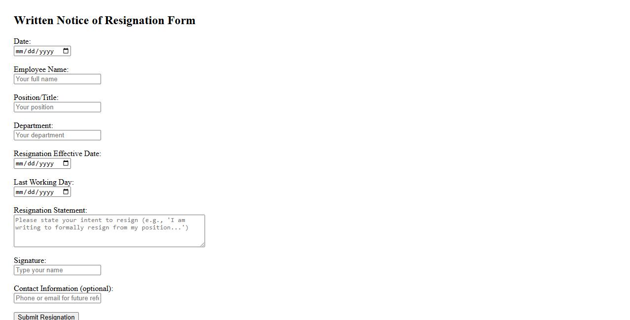 written notice of resignation form example image preview