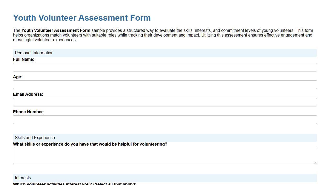 Youth volunteer assessment form sample image preview