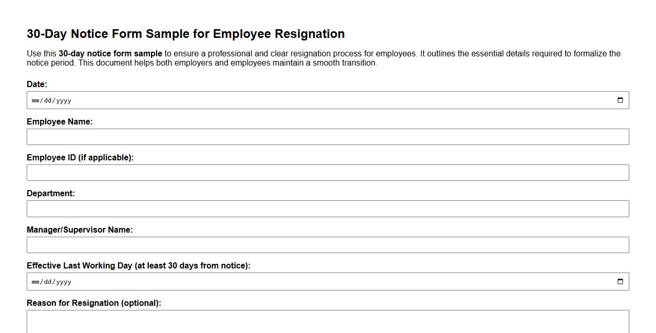 30-day notice form sample for employee resignation image preview