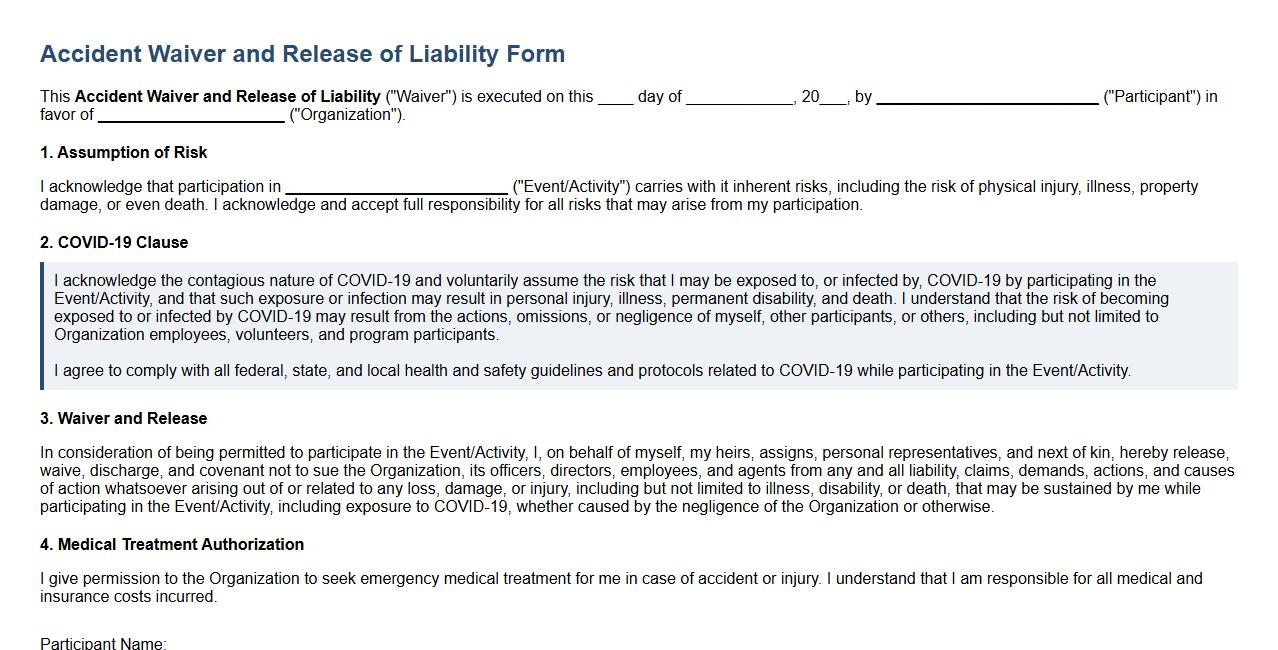 accident waiver form sample with COVID-19 clause image preview