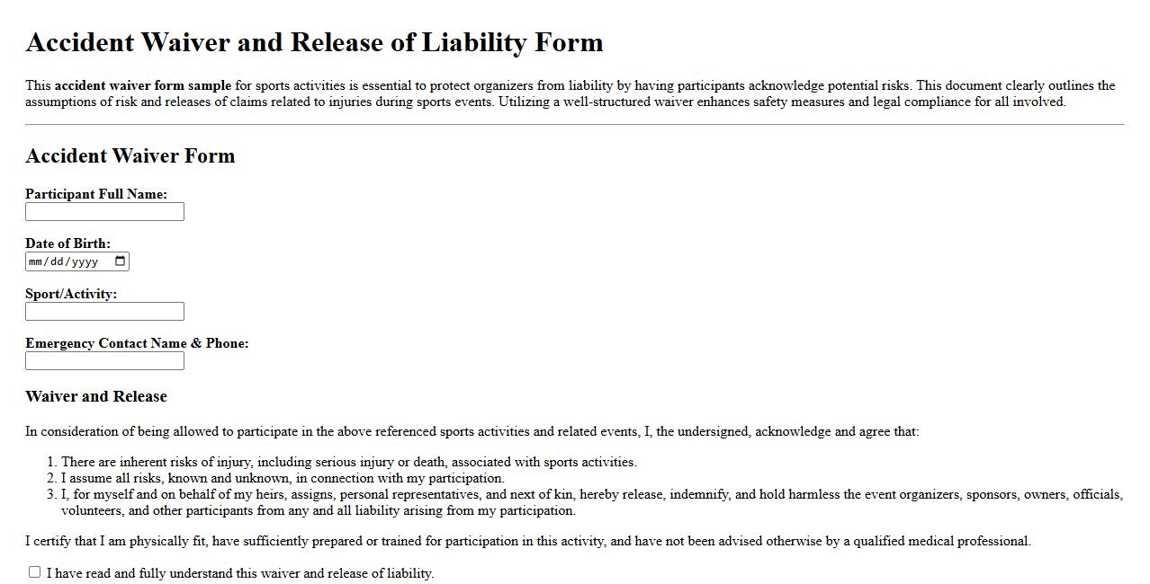 accident waiver form sample for sports activities image preview