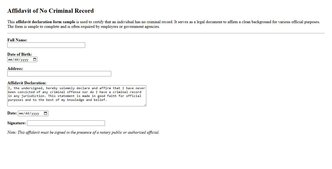 Affidavit declaration form sample for no criminal record image preview