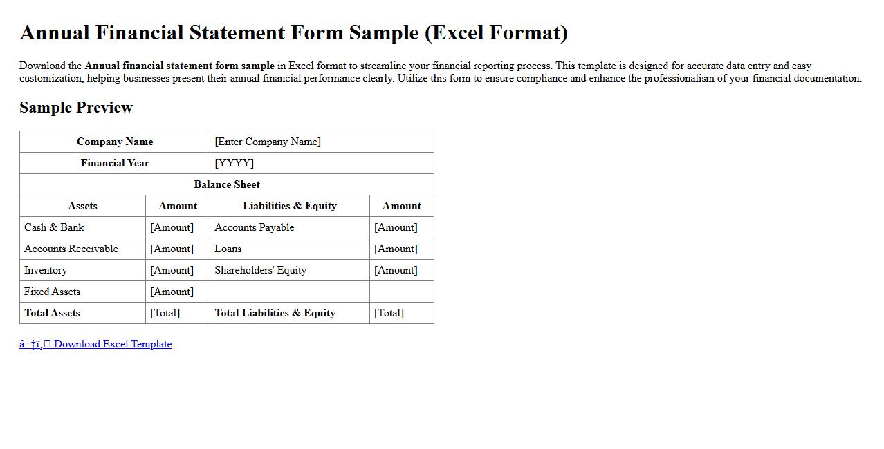 Annual financial statement form sample in excel format image preview