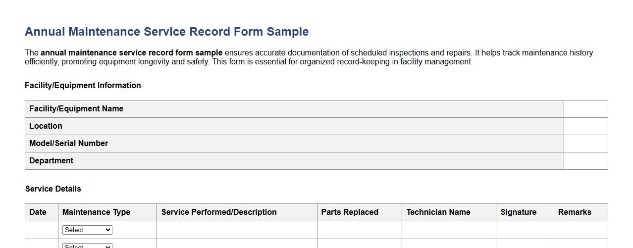 annual maintenance service record form sample image preview