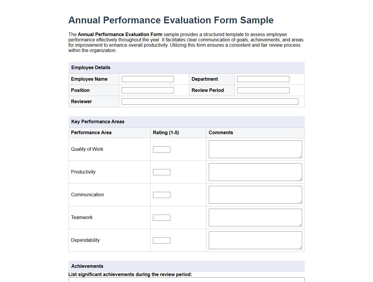 Annual Performance Evaluation Form Sample image preview