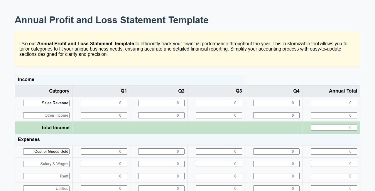 Annual profit and loss statement template with customizable categories image preview