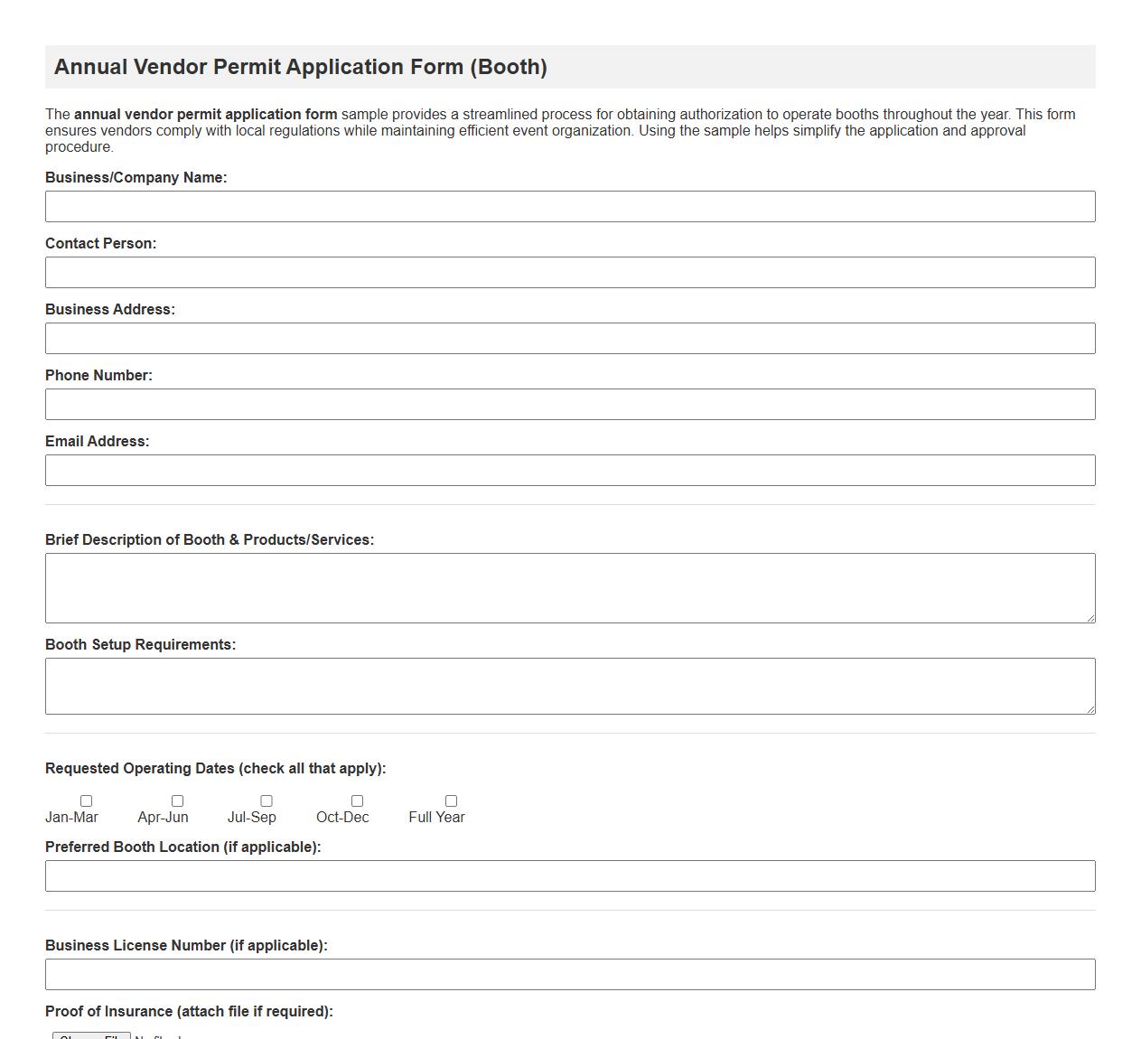 annual vendor permit application form sample for booths image preview
