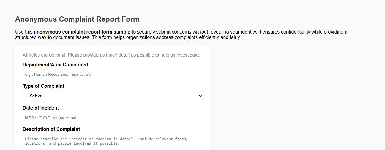anonymous complaint report form sample image preview
