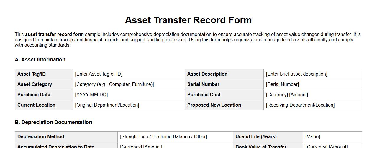 Asset transfer record form sample with depreciation documentation image preview