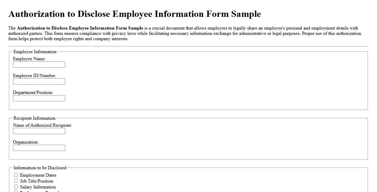 Authorization to Disclose Employee Information Form Sample image preview