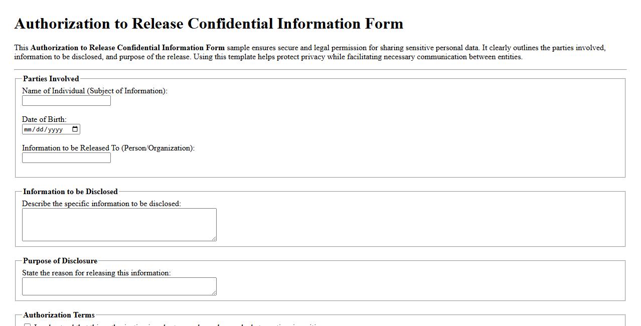 Authorization to Release Confidential Information Form Sample image preview