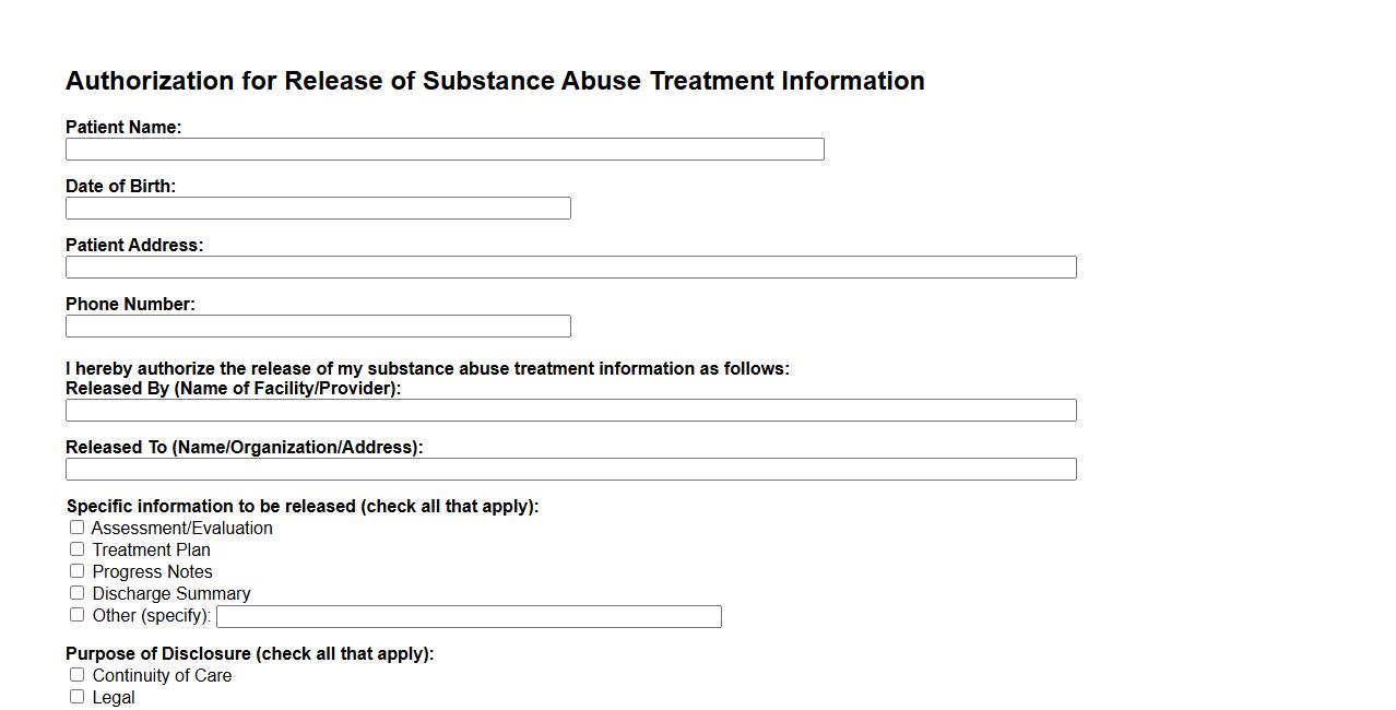 Authorization for release of substance abuse treatment information form sample image preview