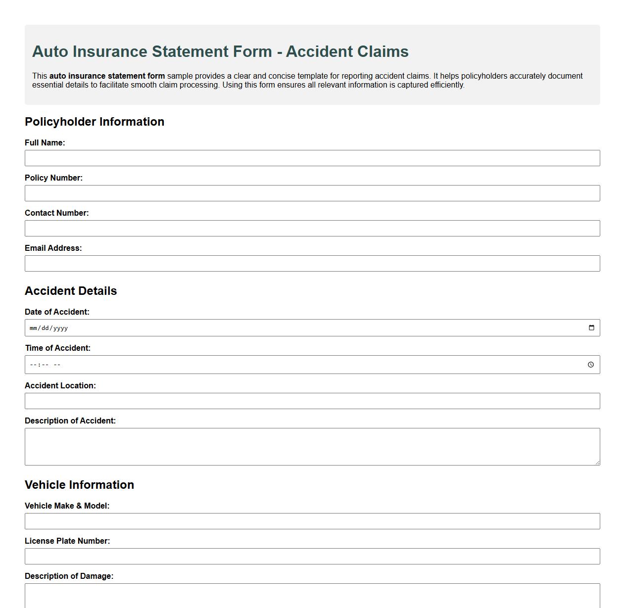 Auto insurance statement form sample for accident claims image preview