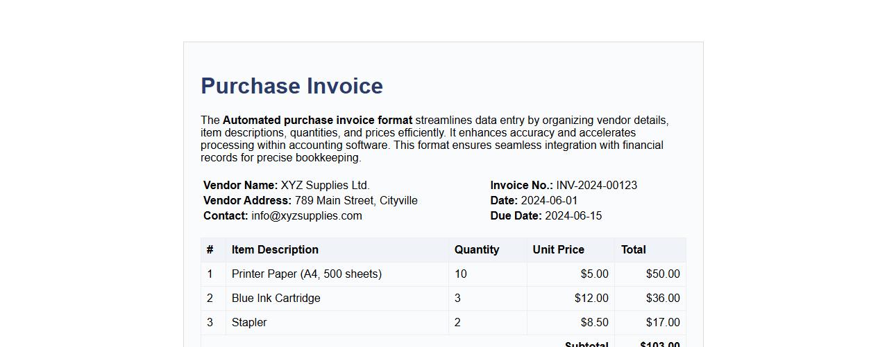 Automated purchase invoice format for accounting software image preview