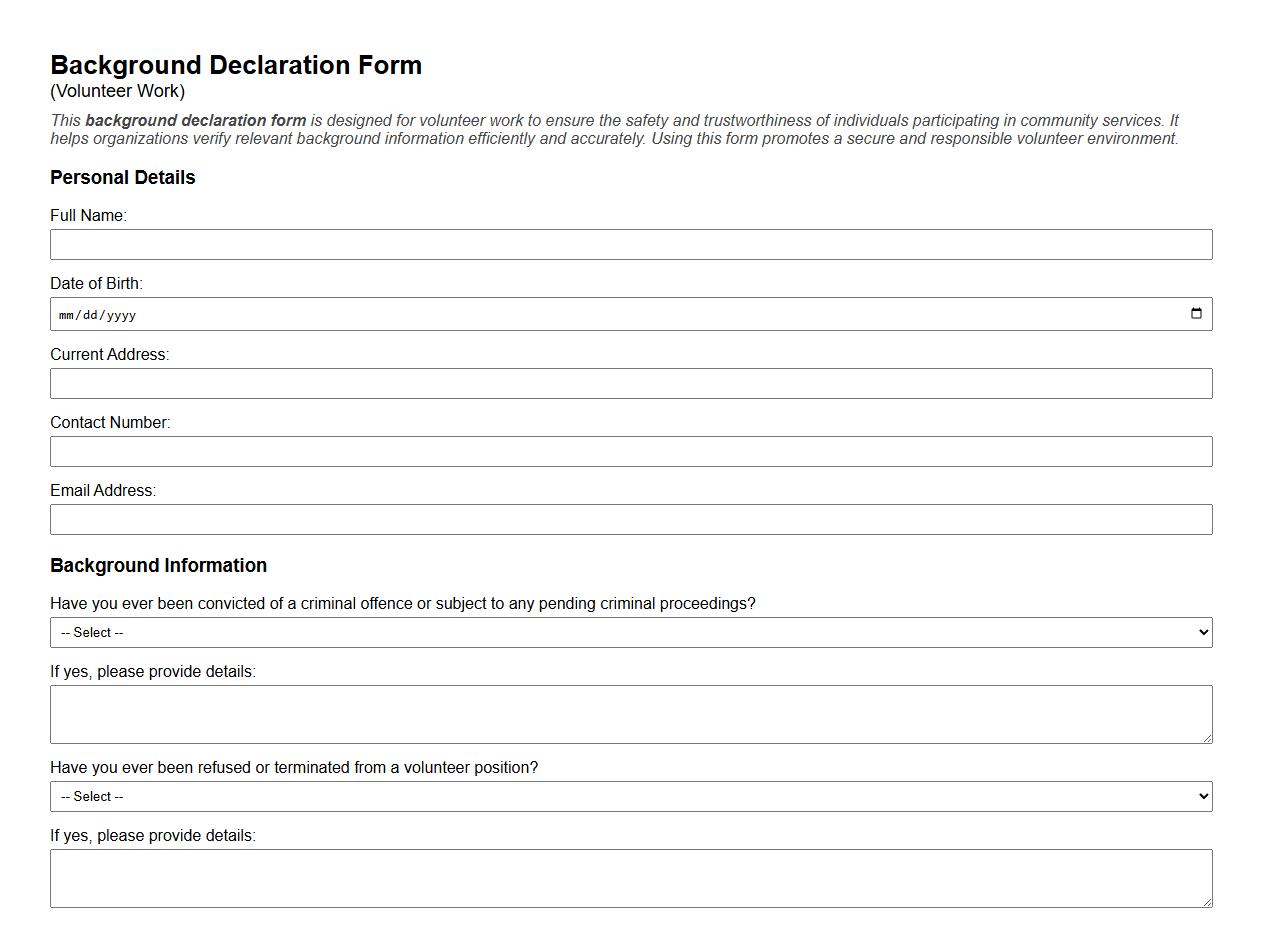 Background declaration form sample for volunteer work image preview