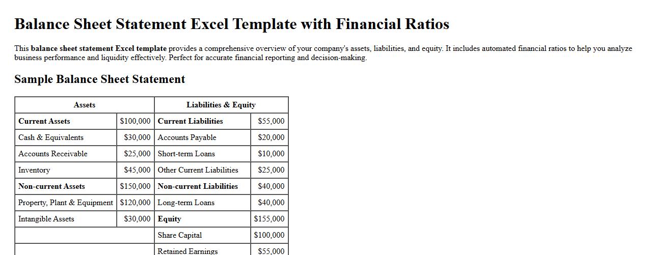 Balance sheet statement excel template with financial ratios image preview