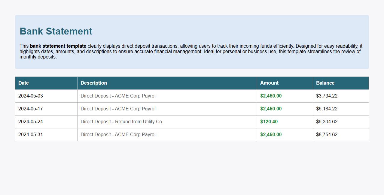 Bank statement template showing direct deposit transactions image preview