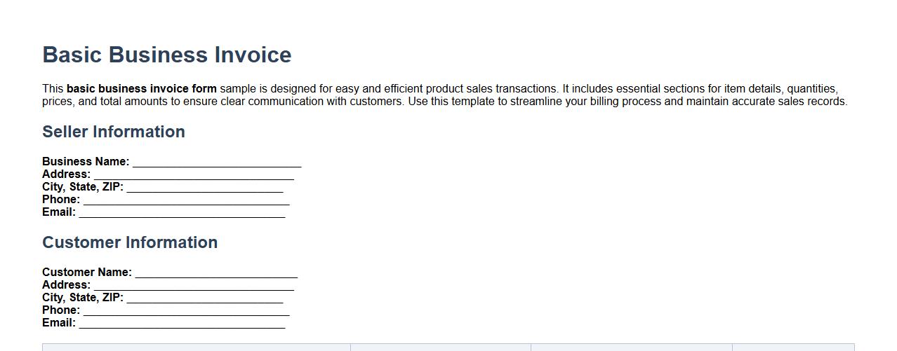 Basic business invoice form sample for product sales image preview