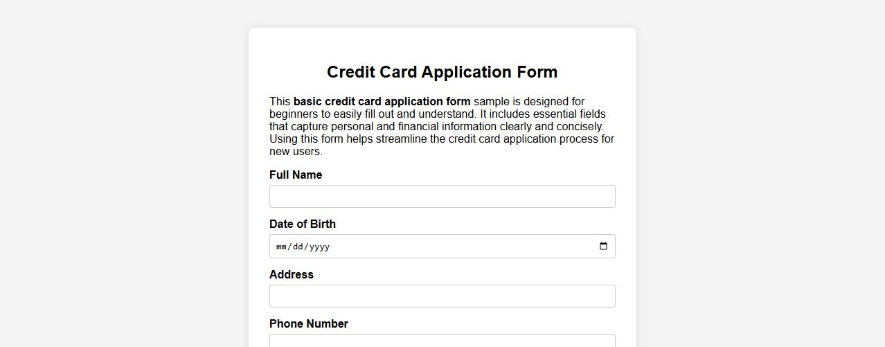 basic credit card application form sample for beginners image preview