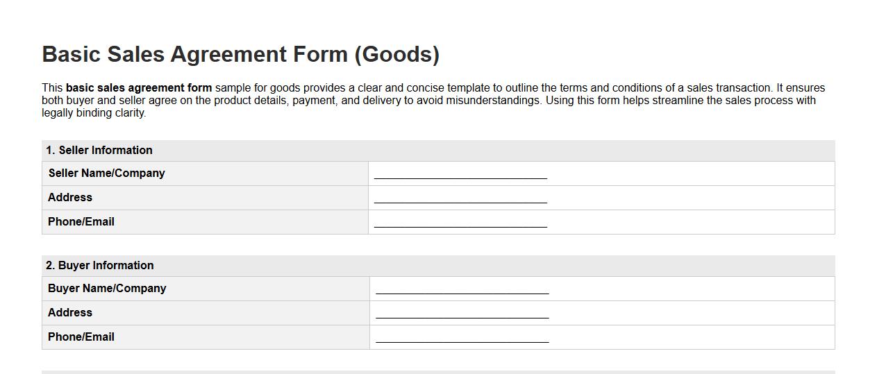 Basic sales agreement form sample for goods image preview