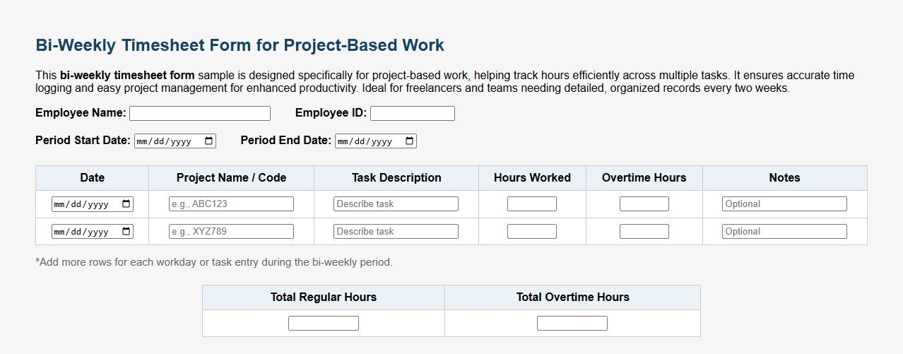 bi-weekly timesheet form sample for project-based work image preview