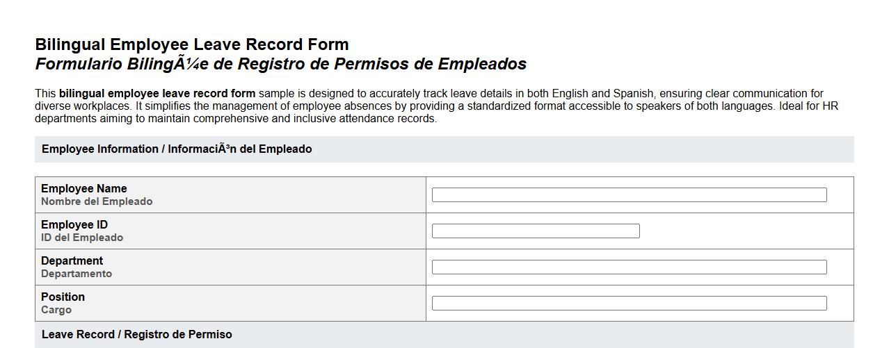 bilingual employee leave record form sample English and Spanish image preview