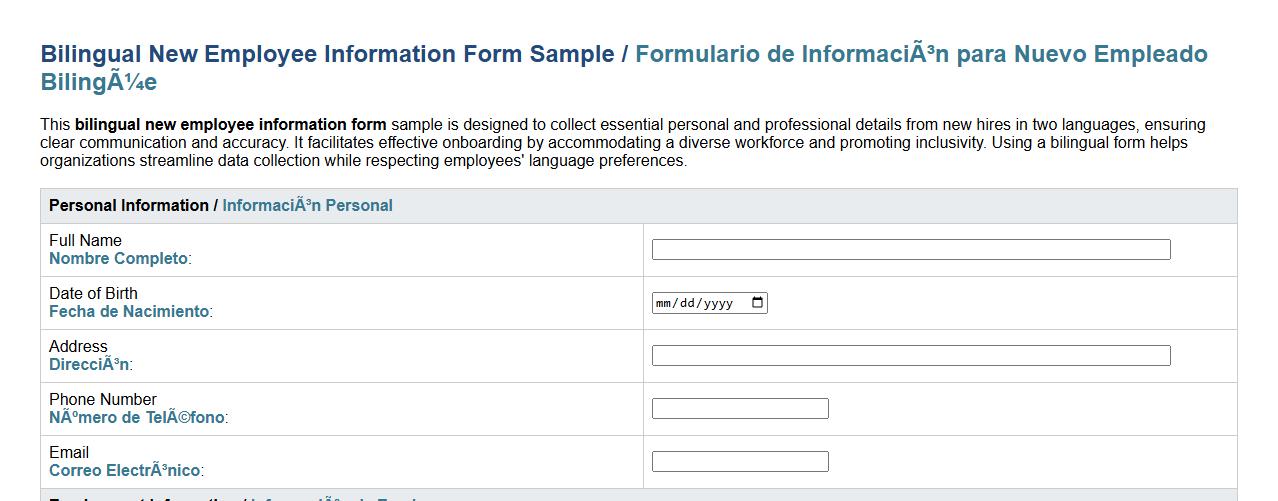 Bilingual new employee information form sample image preview
