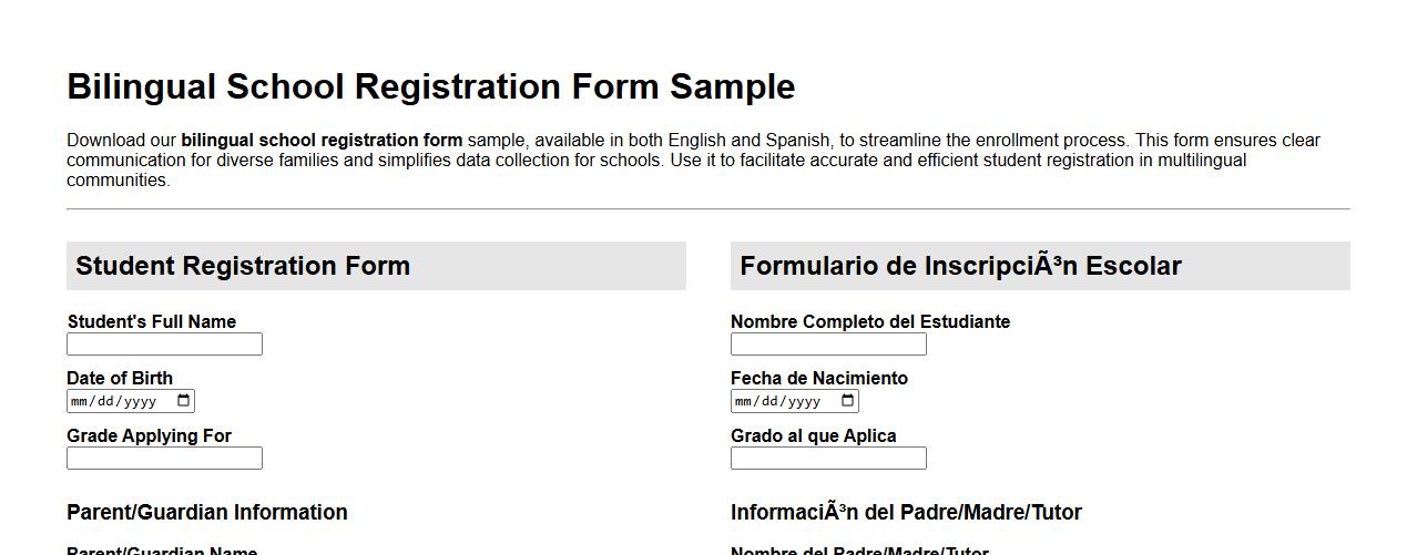Bilingual school registration form sample in English and Spanish image preview
