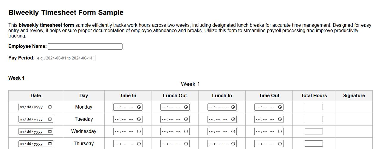 Biweekly timesheet form sample with lunch breaks included image preview