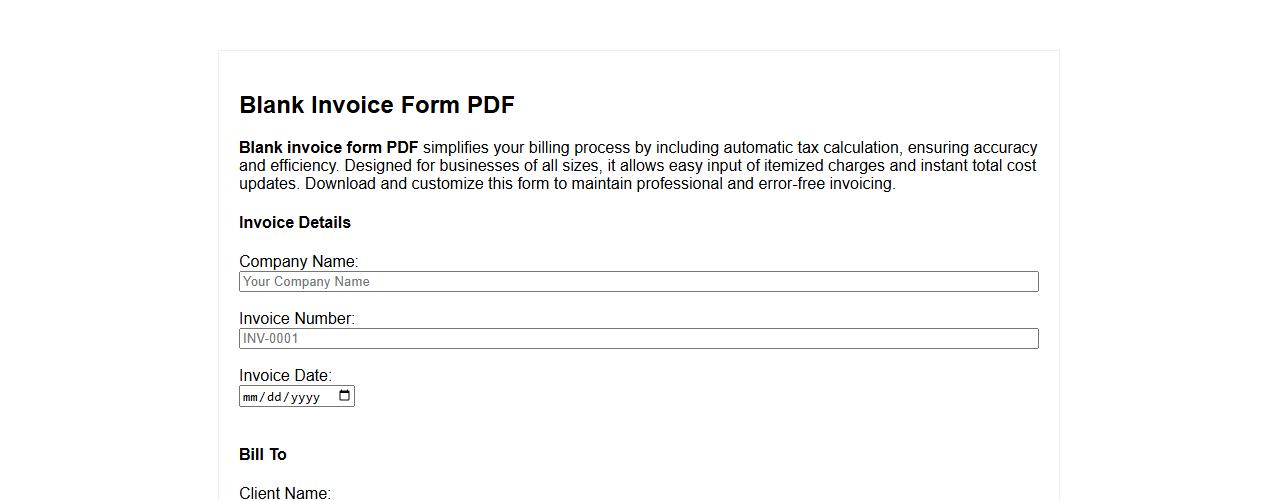 Blank invoice form PDF with tax calculation image preview