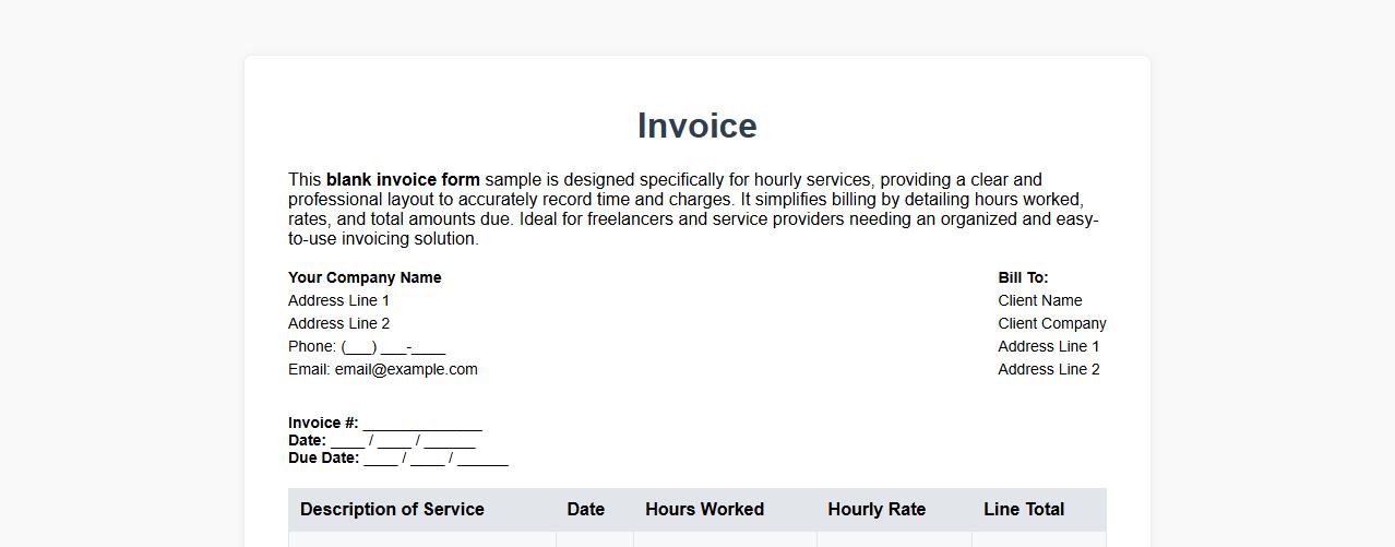 Blank invoice form sample for hourly services image preview