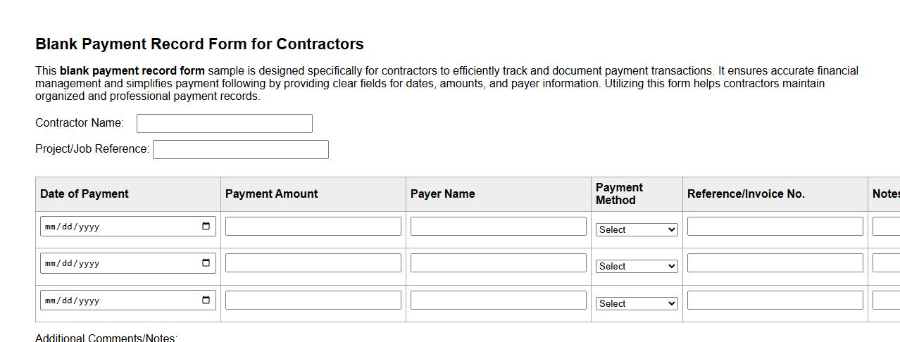 Blank payment record form sample for contractors image preview