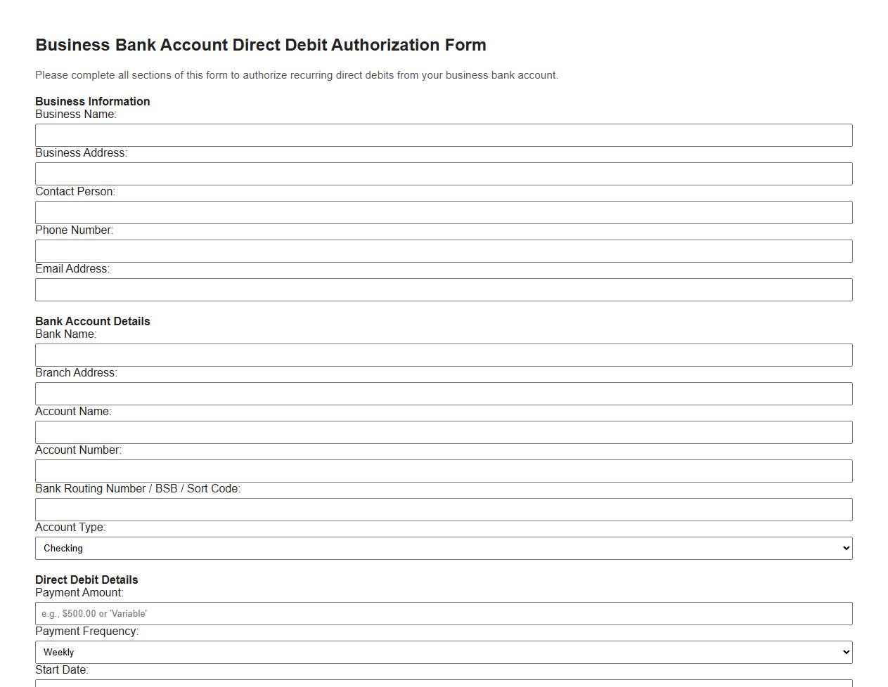 business bank account direct debit authorization form sample image preview