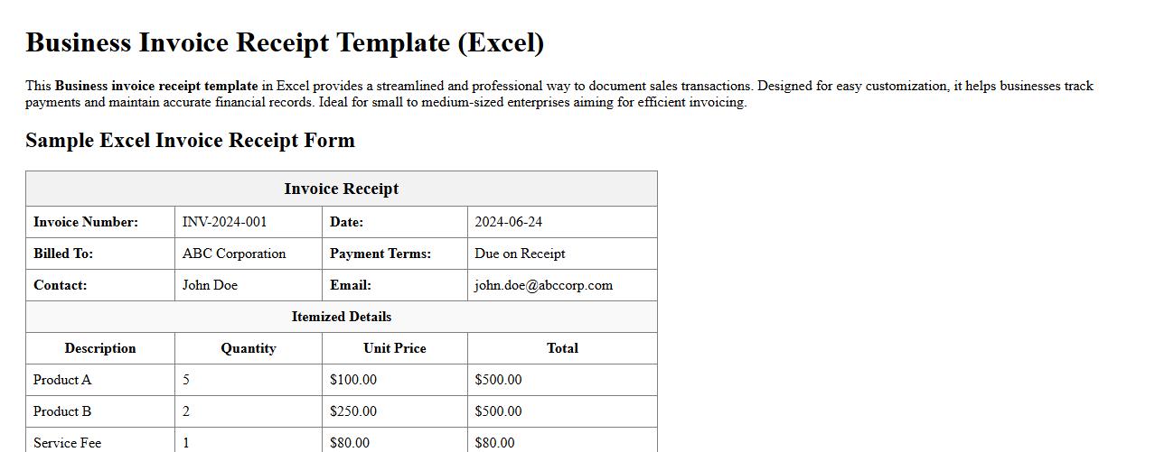 Business invoice receipt template form sample Excel image preview