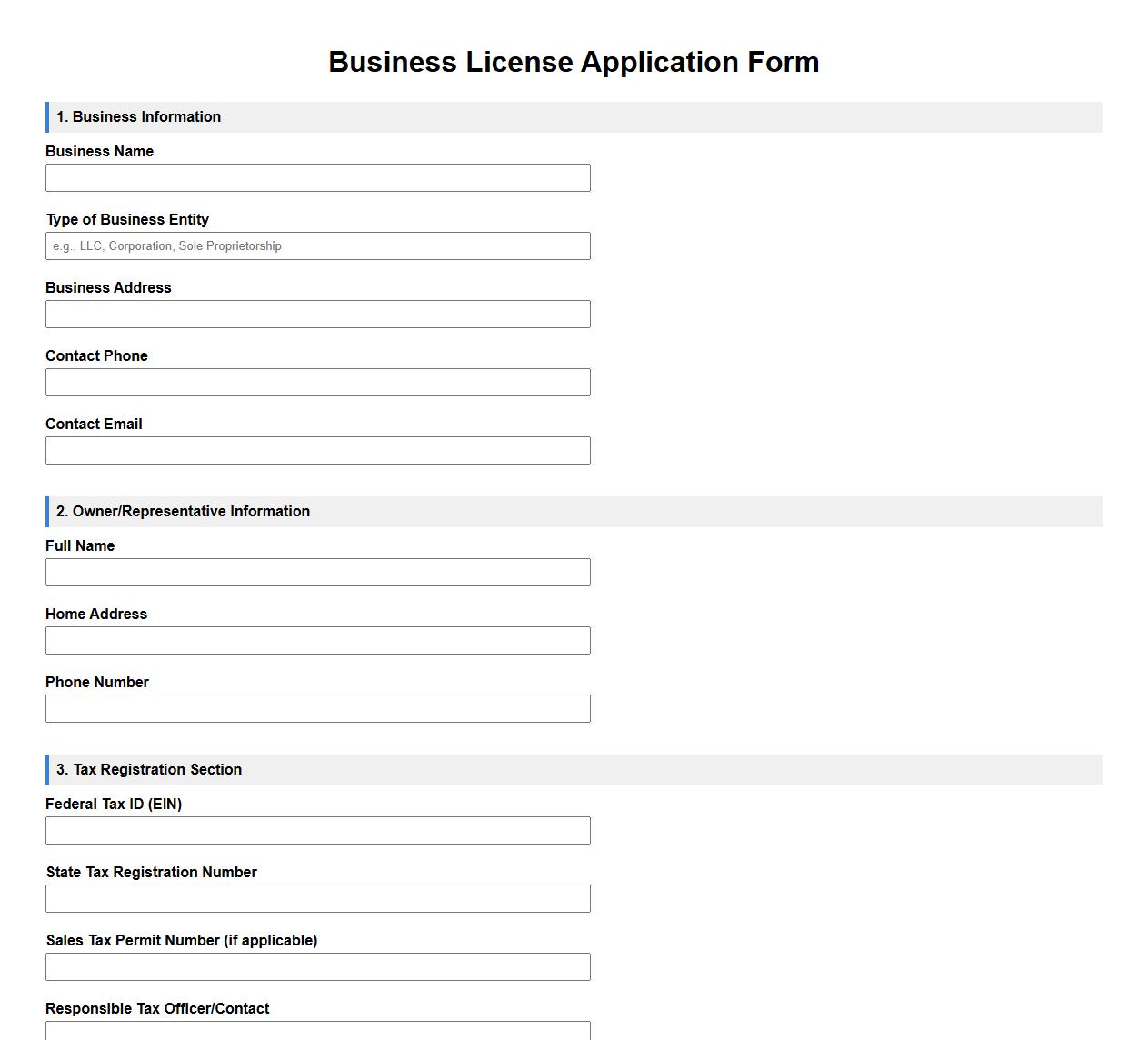 business license form sample with tax registration section image preview