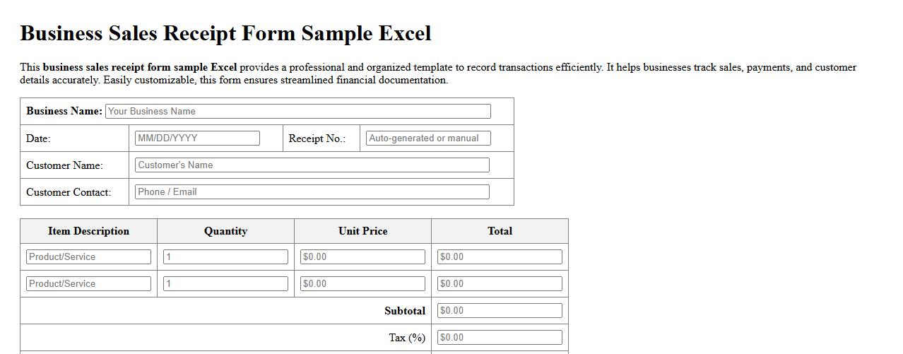 Business sales receipt form sample Excel image preview