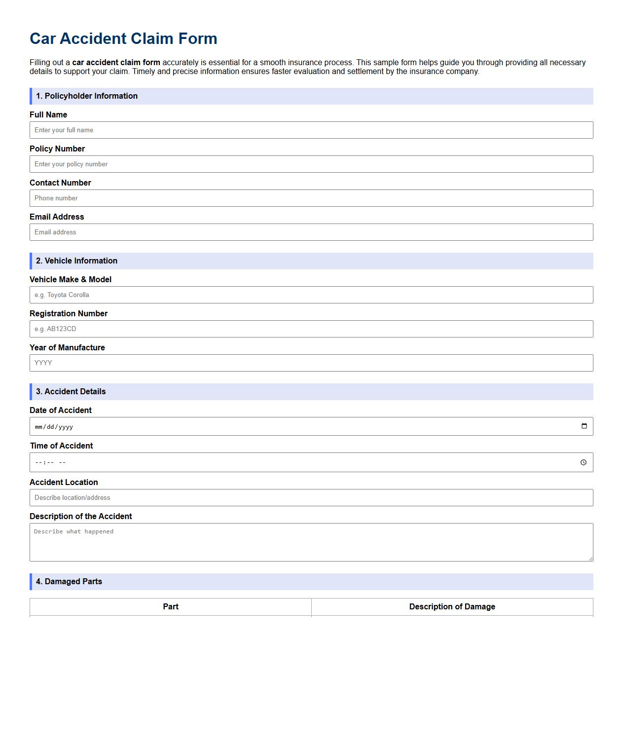 Car accident claim form sample for insurance company image preview