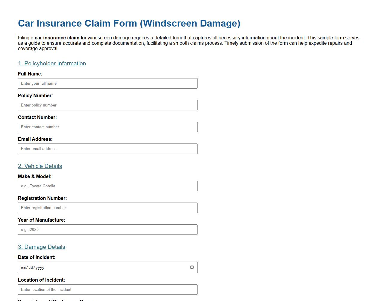 car insurance claim form sample for windscreen damage image preview