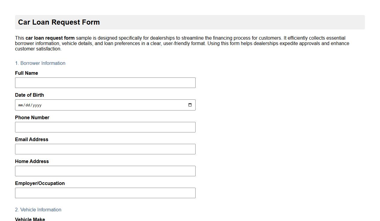 Car loan request form sample for dealership image preview