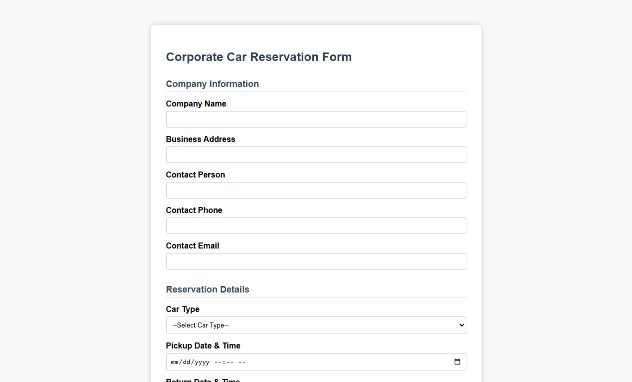 car reservation form sample for corporate clients image preview