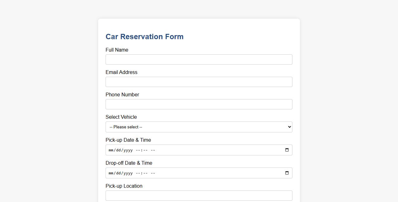 car reservation form sample including payment section image preview