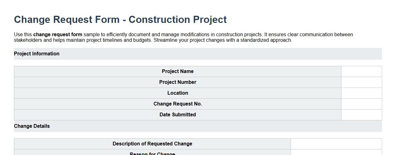 Change request form sample for construction projects image preview