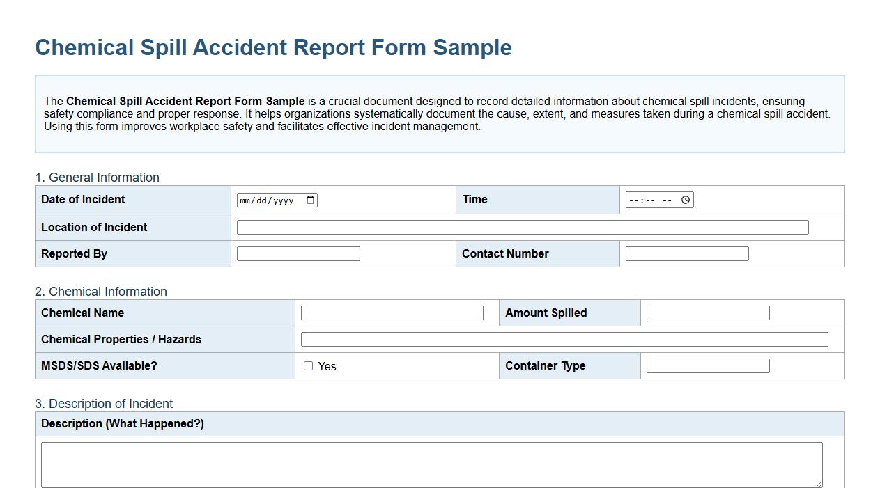 chemical spill accident report form sample image preview