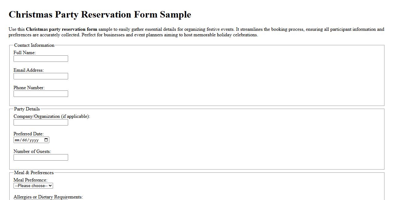 Christmas party reservation form sample image preview