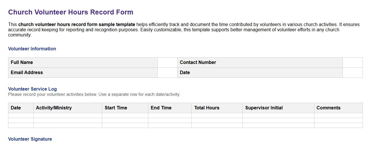 church volunteer hours record form sample template image preview