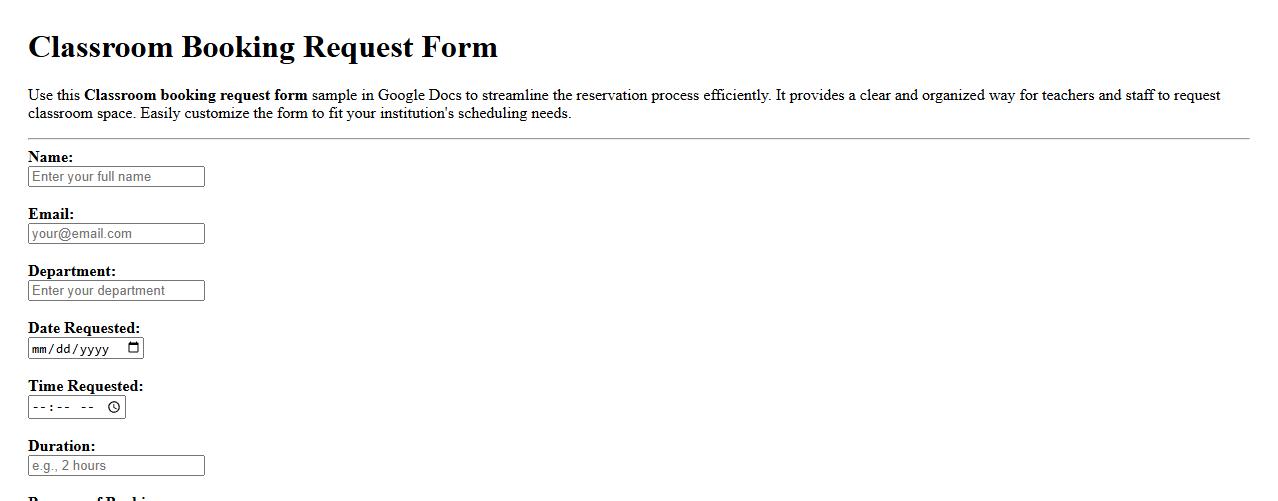 Classroom booking request form sample Google Docs image preview