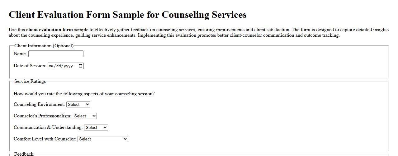 Client evaluation form sample for counseling services image preview
