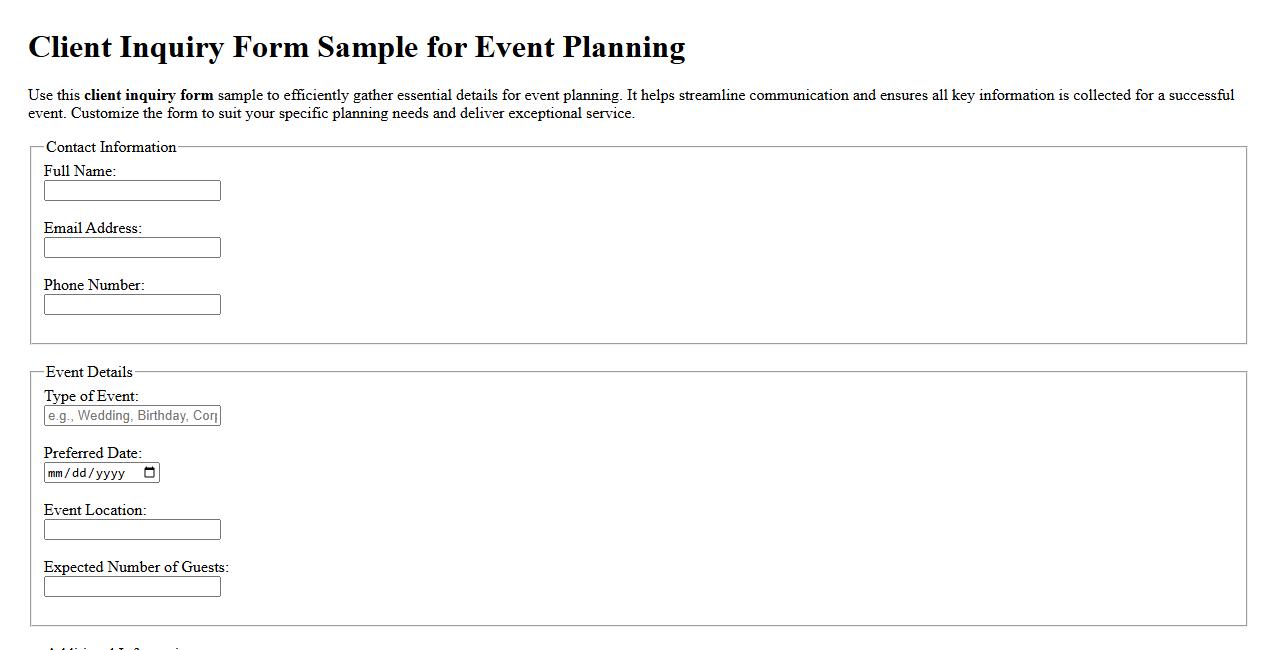 Client inquiry form sample for event planning image preview
